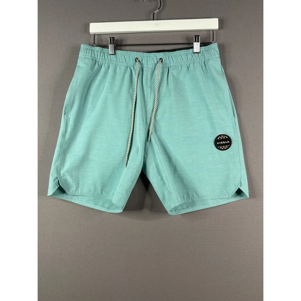 Vissla Board Shorts Mens Small Aqua Blue Upcycled Coconut Stretch Swim Trunks